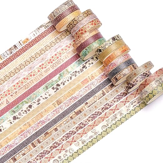 20 Rolls Skinny Vintage Washi Tape Set Retro Arts Adhesive Tapes Basic Patterns Decorative Masking Tape Sets for Craft, Kids, Scrapbook, DIY, Gift Wrapping (Through the Years)