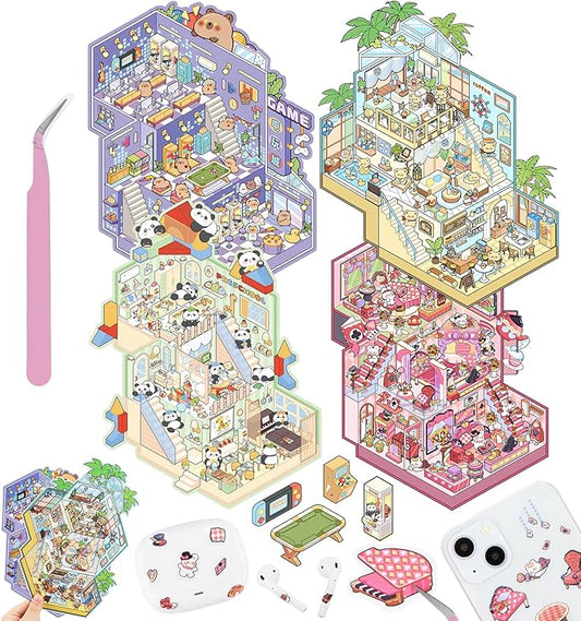 DIY 3D House Stickers, 4 Sets Fun DIY Stickers Scene Make Your Own Mini House Cute Cartoon Animal Scene Stickers for Kids Adult Sticker Art Relief Stress Pass The Time-Large Size