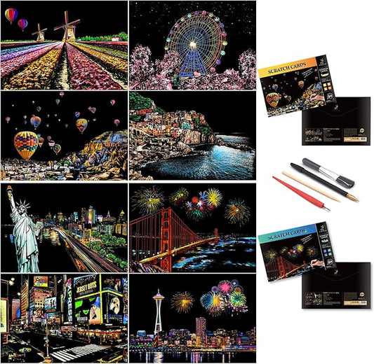 Scratch Art for Adults-City Landmarks Scratch Painting Paper Craft Kit (8 Sheets A4)|DIY Foil Engraving Art Set|Stress Relief Gift for Travel Lovers,Craft Lovers,Home Decor(America/Europe)