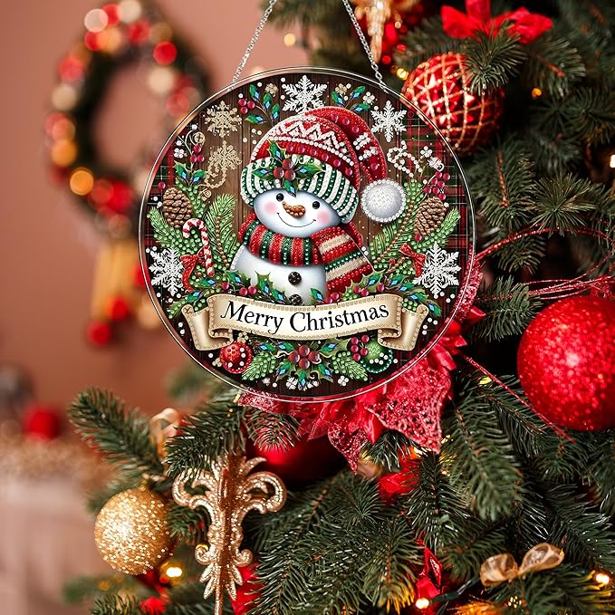 JJFox DIY Acrylic Diamond Art Painting Wreath Kits Special Shaped Rhinestone Diamond Art Window Pendants Home Garden Wall Hanging Kits Hanging Ornament (Merry Christmas Snowman)