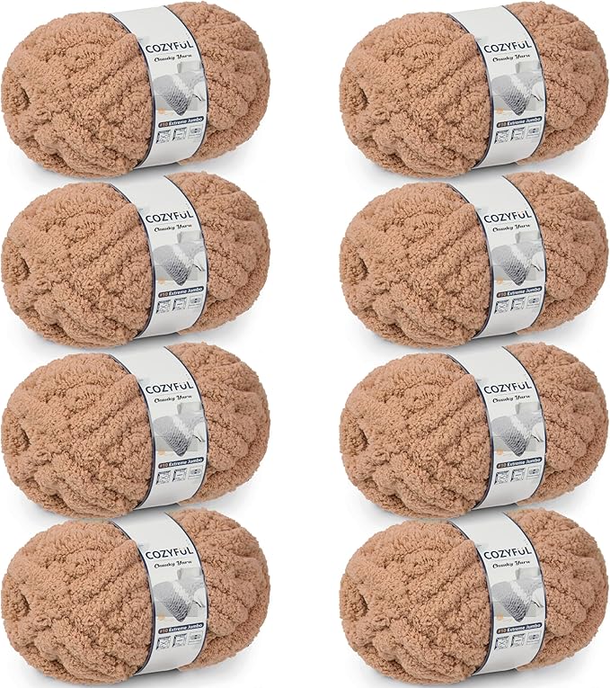 Chunky Yarn for Hand Knitting - #10 Chunky Chenille Yarn, Jumbo Big Thick Chunky Yarns for Crocheting, Super Bulky Chunky Knit Blanket Yarns, 8 Skein (25 yds 8 oz Each Skein), Light Coffee