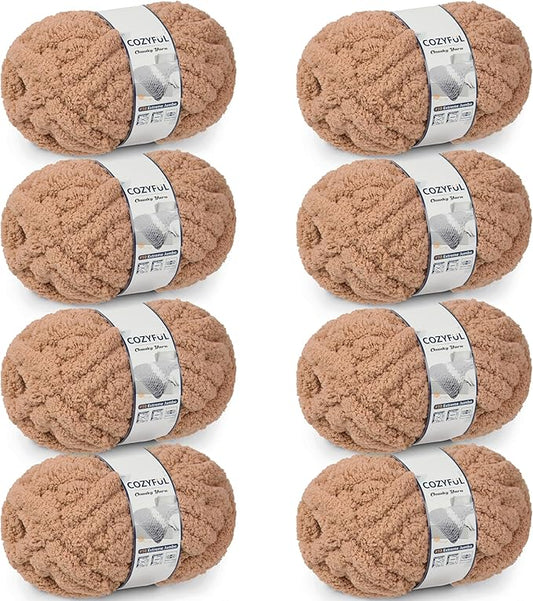 Chunky Yarn for Hand Knitting - #10 Chunky Chenille Yarn, Jumbo Big Thick Chunky Yarns for Crocheting, Super Bulky Chunky Knit Blanket Yarns, 8 Skein (25 yds 8 oz Each Skein), Light Coffee