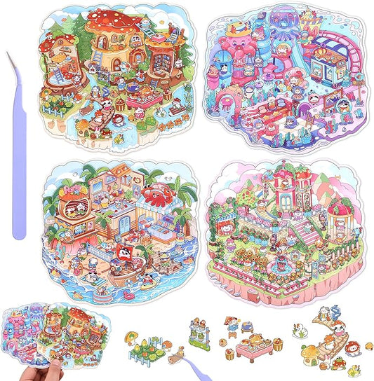 4 Sets DIY 3D House Scene Stickers, Forest Mushroom House, Deep Sea Park，Pardise Garden，Island Park Make Your Own Cute Fun Stacking Miniature Cartoon for Adult Kids Relief Stress Pass The Time