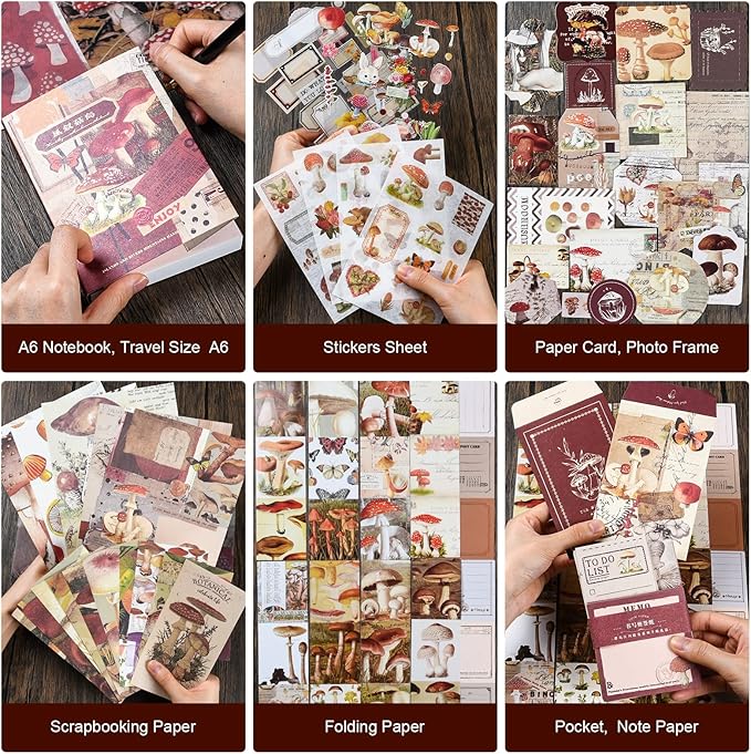 scrapbook supplies kit, vintage junk journaling supplies, scrapbooking kit with aesthetic stickers, stationary set, bullet journaling kit, ephemera collage craft supplies gift for adults women starter