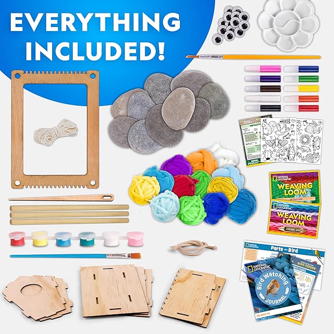 NATIONAL GEOGRAPHIC Mega Arts & Crafts Activity Kit – 3 Craft Kits in 1 to Build, Paint, Weave & Create, River Rock Painting Kit, Weaving Loom for Kids & DIY Birdhouse Craft with 25 Bonus Activities
