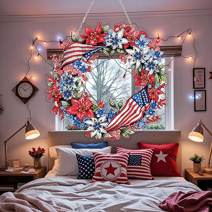 5D Diamond Art Hanging Kit for Adult,Special Shaped Rhinestone,Double Sided DIY Acrylic Diamond Art Painting Window Pendants Home Garden Wall Hanging Kits Hanging Ornament (Independence Day Wreath)