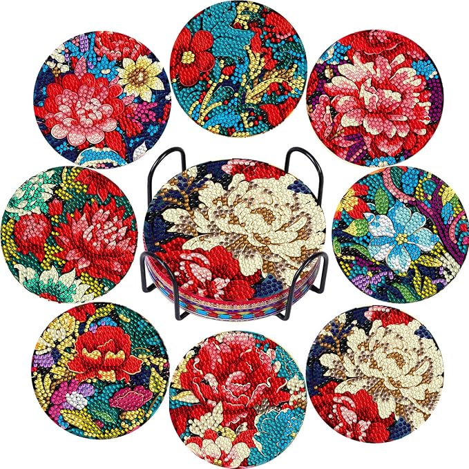 EWJRNSF 8 PCS Diamond Art Coasters Kit, Small Diamond Painting Coasters, Fall Diamond Art Kits for Adults Beginners, Arts and Crafts Supplies Item Sets with Holder