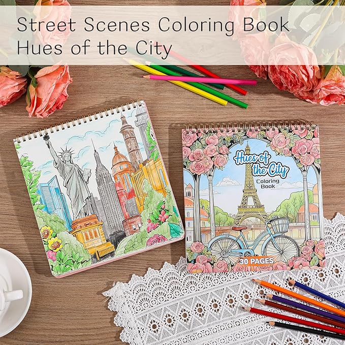 Coloring Book for Adult, 30 Pages Hues of The City, Color Urban Street Scenes, Architecture Building Stores, Fun Coloring Activities for Women Teen, Painting Pages for Relax Stress Relief