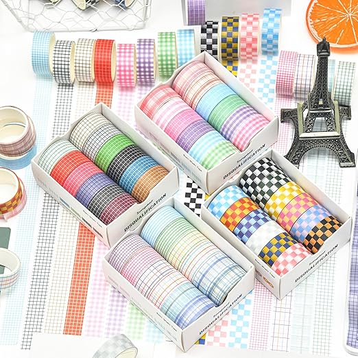 12 Rolls Grid Washi Tape Set Plaid Arts Adhesive Tapes Basic Patterns Decorative Masking Tape Sets for Craft, Kids, Scrapbook, DIY, Gift Wrapping (Style Two)