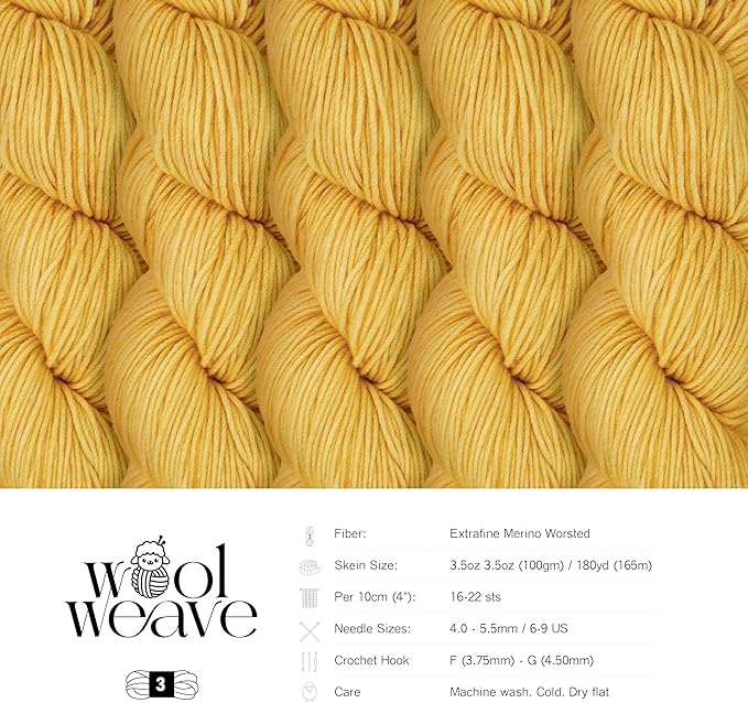 Superwash Merino Wool Yarn for Knitting & Crocheting - Premium Hand Dyed Yellow Yarn, 100gr, 240 Yards, Dk Weight - Luxurious, Soft & Durable