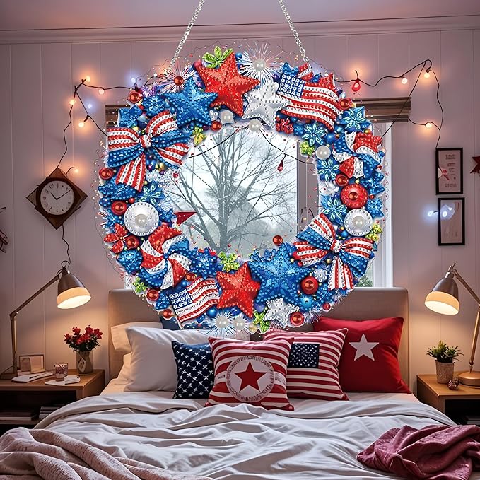 DIY Acrylic 5D Diamond Art Painting Window Pendants Home Garden Wall Hanging Kits Hanging Ornament,Double Sided. (Independence Day)
