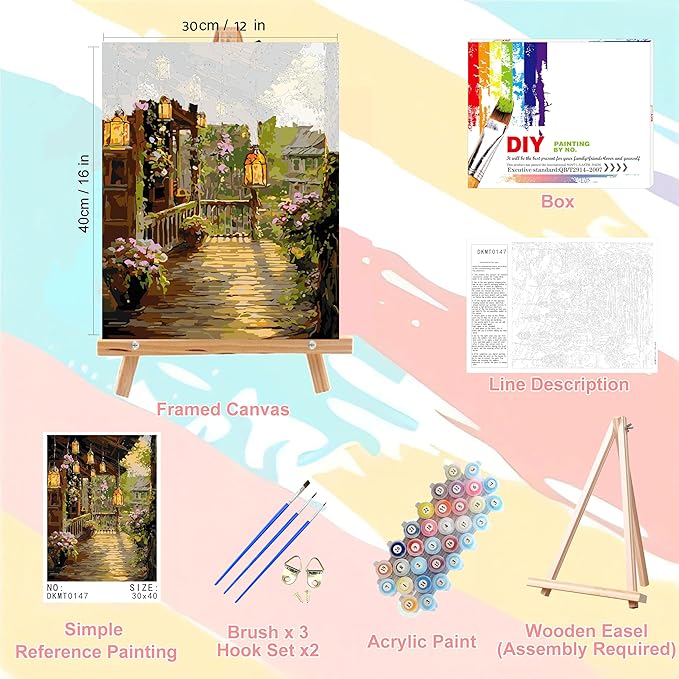 Landscape Paint by Numbers for Adults with Framed Canvas - with Wooden Easel, Scenery Paint by Number on Canvas, Acrylic Oil Painting Kits with Brushes Nice Gift Box for Home Wall Decor (12x16 inch)