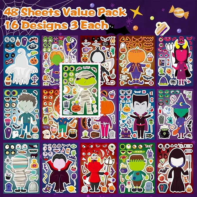 48 sheets halloween make a face stickers for kids, 16 design make your own character mix and match stickers sheets halloween party crafts trick or treat