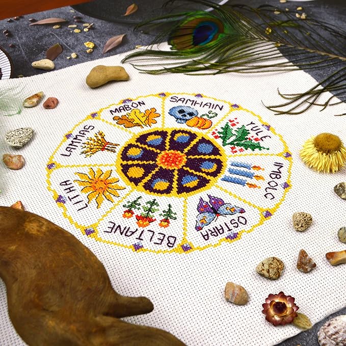 Povitrulya Counted Cross Stitch Kit Wheel of The Year - DIY Hand Embroidery Set, Pagan Celtic Wiccan Calendar, Pattern with Witchy Design for Adults, Norse Home Decor, Halloween Seasonal Gift