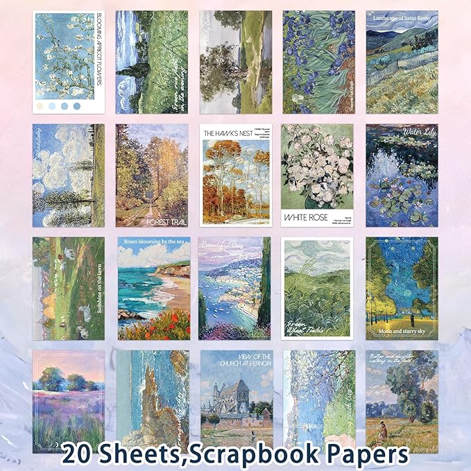 32 Sheets Vintage Oil Painting Stickers & 20 Sheets Ephemera Papers Kit -Classical Art Stickers, Junk Journal Supplies for Adults, Scrapbooking Collage, Scrapbook Paper Pack
