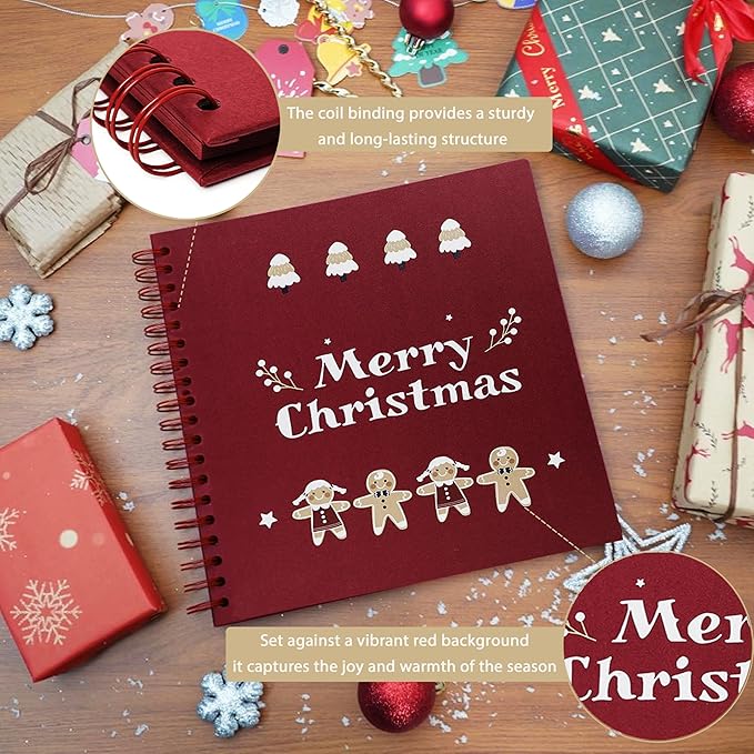 Christmas Memory Book - 10" x 10" Scrapbook Album, 60 Pages, with Photo Corner Stickers | DIY Holiday Keepsake Kit | Merry Christmas Gift for Memories