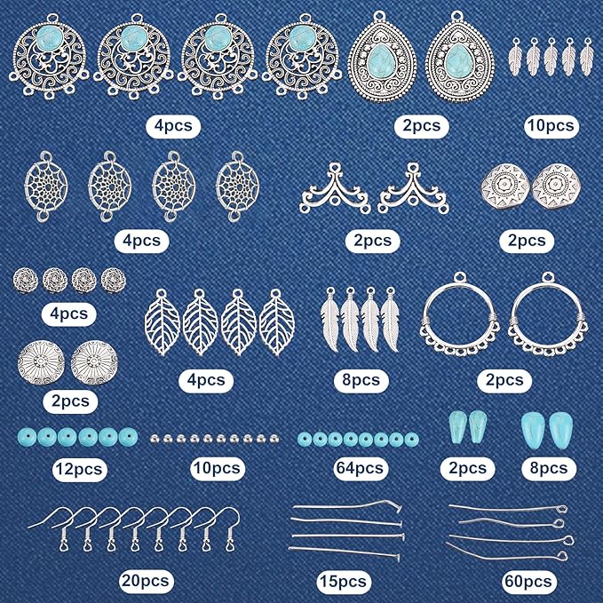 SUNNYCLUE 1 Box DIY 10 Pairs Vintage Style Chandelier Charms Hollow Leaf Charm Earring Making Kit Synthetic Turquoise Beads Feather Charms for Jewelry Making Flower Shape Teardrop Charm Adult Craft
