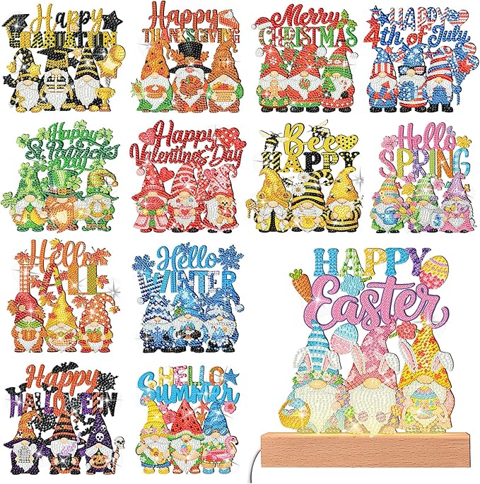 Chunful 13 Pcs Gnome Interchangeable Seasonal Diamond Art Tabletop Holiday Diamond Art Painting Kit with Wooden Light Base for Home Office Tiered Tray Tabletop Decor DIY Crafts Gifts
