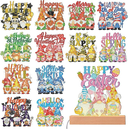 Chunful 13 Pcs Gnome Interchangeable Seasonal Diamond Art Tabletop Holiday Diamond Art Painting Kit with Wooden Light Base for Home Office Tiered Tray Tabletop Decor DIY Crafts Gifts