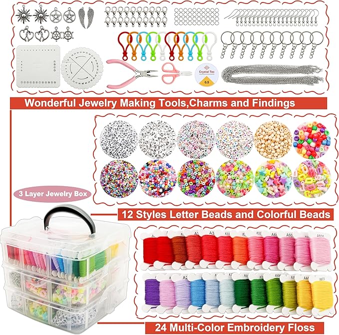 JINNBEY 4655 Pcs Jewelry Making Kits, DIY Bracelet Necklace Portable Three-Layer Spacer Box - Includes 24 Color Cotton Thread & Letter Bead & Tools, The Gift Set for Handicraft Enthusiasts