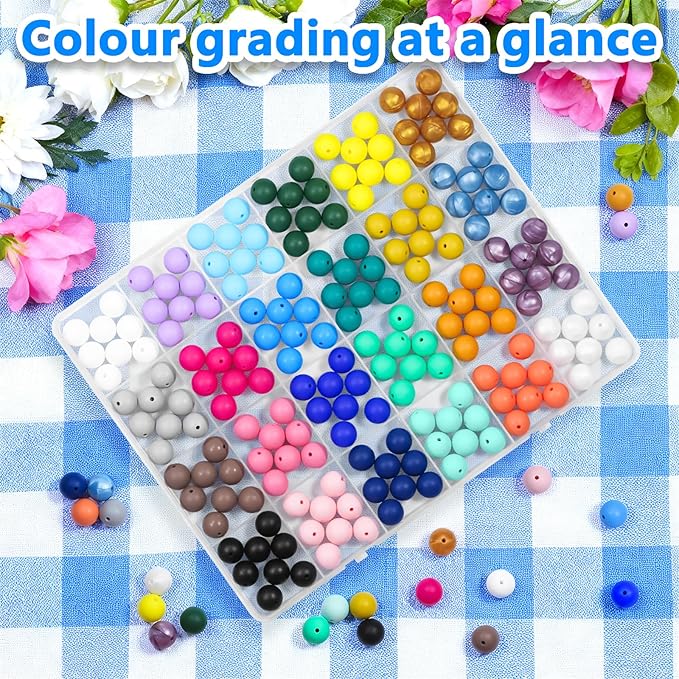 192pcs silicone beads 15mm for keychain making kit, 24 colors focal rubber beads neatly organized, round colorful bead, bulk for pens, diy, necklace, bracelet making kit, jewelry, art crafts