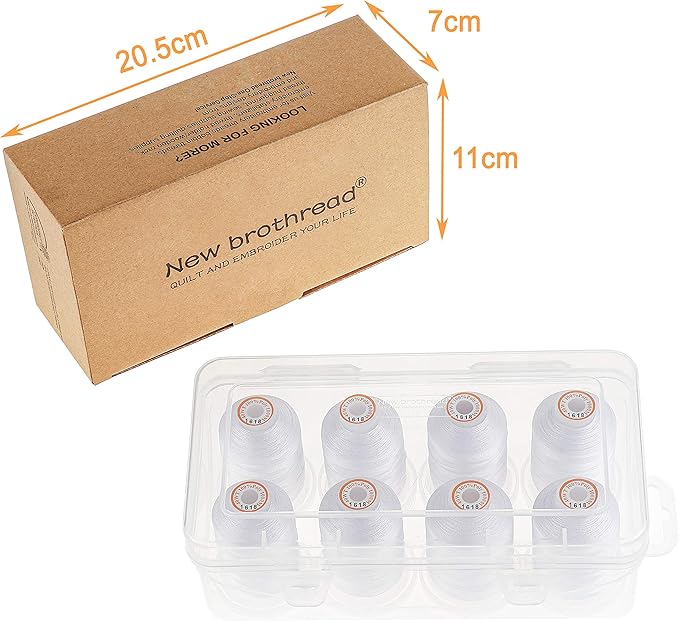 New brothread Polyester Embroidery Machine Thread 1000m Each with Clear Plastic Storage Box for Embroidery & Quilting - 8xSnow White