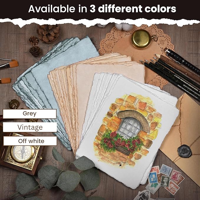 50 Sheets - Rough/Textured Watercolor Paper - 8 X6 inches(150GSM) - Handmade/Deckle Edge Paper Made from Virgin Egyptian Cotton - Off-White by Leather Village