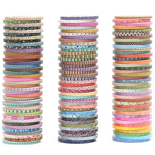 YUBX Skinny Washi Tape Pack 120 Rolls Basic Patterns Decorative Slim Geometric Elegance Masking Tapes for Arts, DIY Crafts, Journals, Planners, Scrapbook, Wrapping
