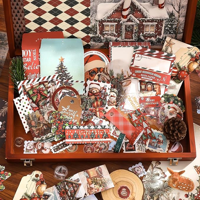 PRSTINCOL Christmas Scrapbook Kit Junk Journaling Supplies with A6 Notebook, 157 Pieces Stationery Set for DIY Gift, Teens Women - Vintage Style