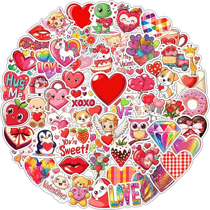 100pcs valentines stickers for kids, bulk heart stickers for valentines day gifts for kids classroom school exchange, vinyl decals, crafts, party favors, goodie bags decorations
