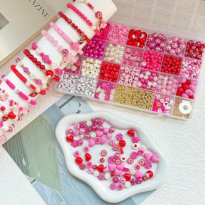1800PCS+ Valentine’s Day Beads for Bracelets Jewelry Making Set, Pink Red Polymer Clay Beads Assorted Pearl Acrylic Heart Bead Letter Spacer Flower Bead and Heart Charms for Necklace Bracelets Making