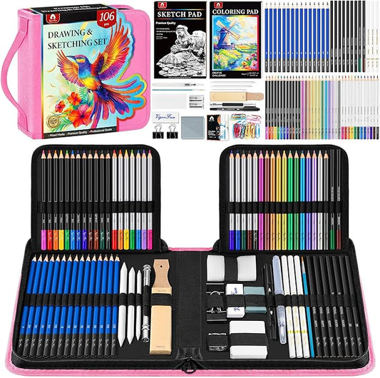 106 PCS Art Supplies Sketching Kit, Pro Drawing Pencils with 3-Color Sketchbook, Coloring Book, Colored Graphite Charcoal Watercolor & Metallic Pencils, Drawing Supplies Gifts for Artists Adults