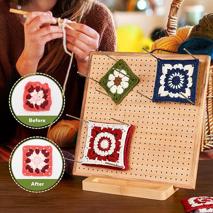 11.8" Crochet Blocking Board with 20 Pegs Pins, Granny Square Blocking Board for Crochet Projects, Bamboo Blocking Boards for Crocheting and Knitting, Wooden Gifts for Crocheter