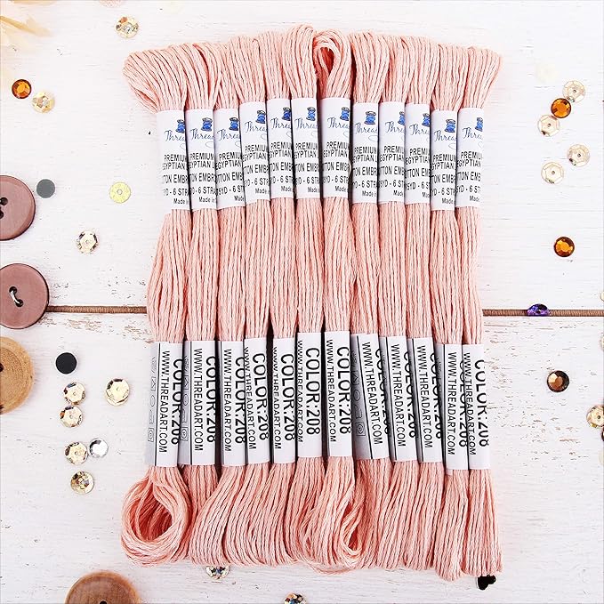 12 Skeins ThreadArt Premium Egyptian Long Fiber Cotton Embroidery Floss | Light Peach | 6 Strand Divisible Thread 8.75yds Each for Hand Embroidery, Friendship Bracelets, Cross Stitch and Crafts
