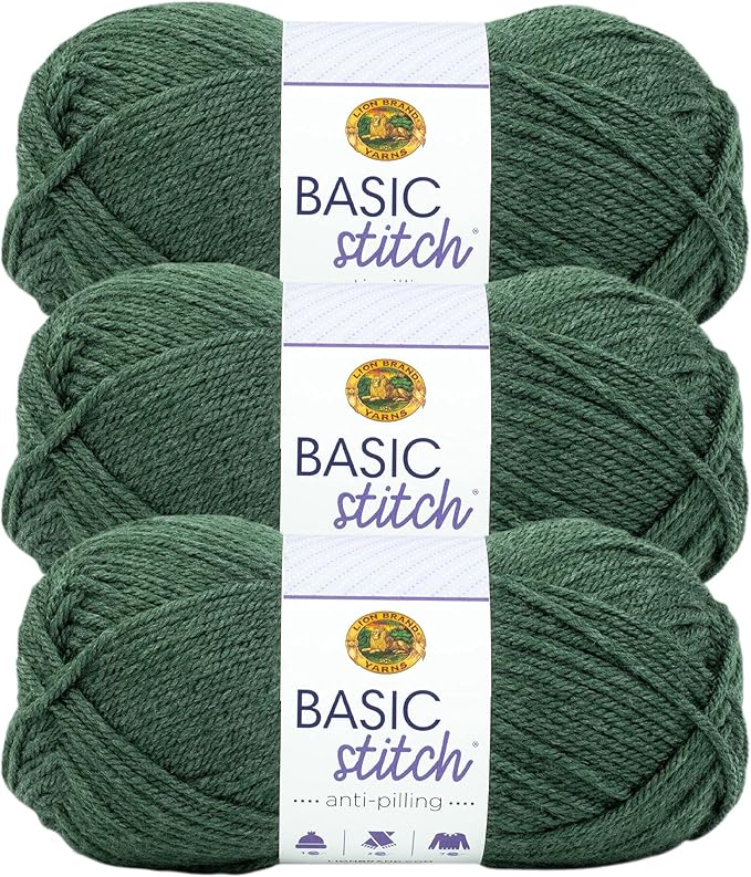 Lion Brand Yarn Basic Stitch Anti-Pilling Yarn for Crocheting, Knitting, and Crafts, Pine Heather, 3 Pack