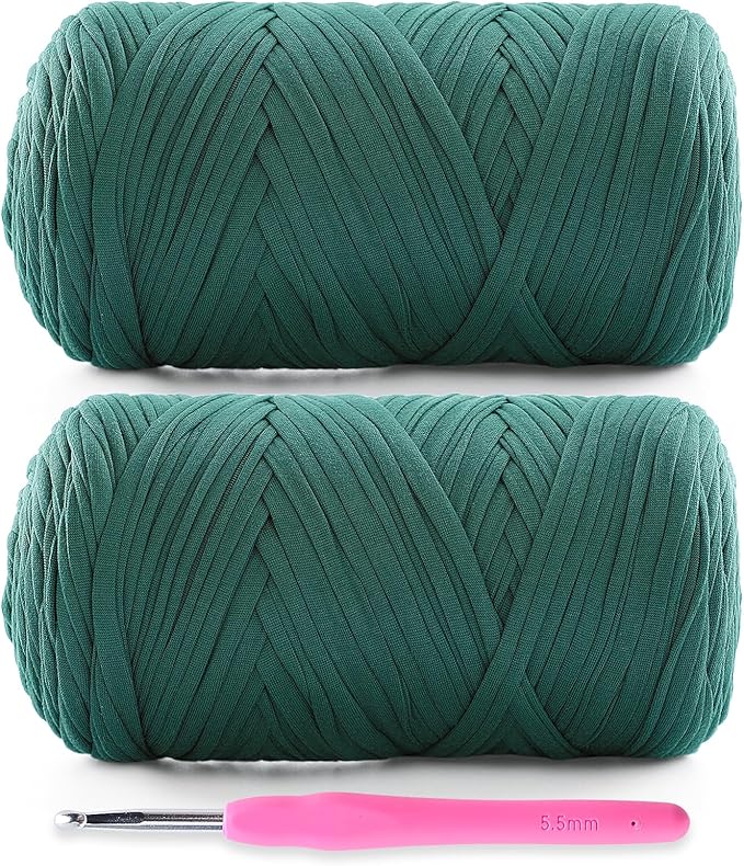 2 Pack Soft T-Shirt Yarn for Crochet, T Shirt Yarns for Crocheting Crafts, Bags, Basket, Coaster, Tshirt Yarns - 800 G/260 Yds with 1 Crochet Hook (2, Black Green)