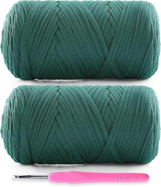 2 Pack Soft T-Shirt Yarn for Crochet, T Shirt Yarns for Crocheting Crafts, Bags, Basket, Coaster, Tshirt Yarns - 800 G/260 Yds with 1 Crochet Hook (2, Black Green)