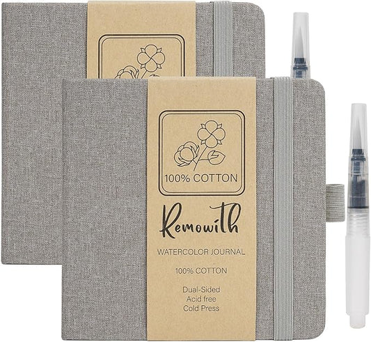 Watercolor Journal Sketchbook, 5.5" x 5.5" Sketch Books Artist Cotton Watercolor Paper, Linen Cover with Tap Water Pen, 24 Sheets 140 LB, 300 GSM for Travel Sketching On The Go Art, 2 Pack