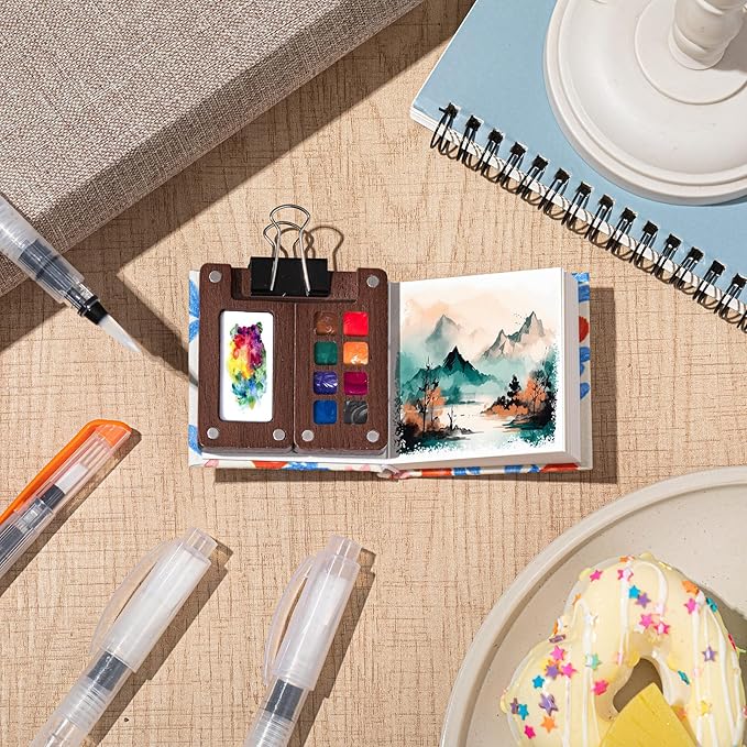Qilery Mini Portable Watercolor Palette Set Wooden Grid Paint Box Watercolor Paper Sketch Book Brush Pens with Binder Clip for Painters Artist Not Include Paint(Azalea)