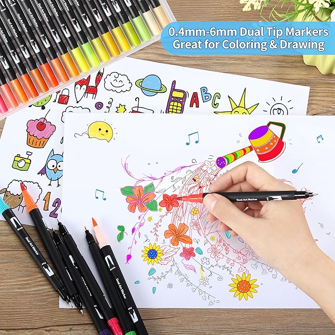 100 Colors Art Markers for Adults,Dual Tip Pens for Adult Illustration, Journaling, Calligraphy - Artist Drawing Supplies,Brush and Fine Pens for Lettering, Manga, Design Sketching