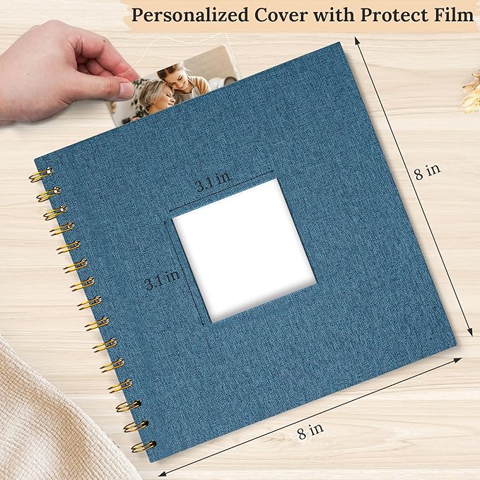 Scrapbook Photo Album Linen Cover, 8 x 8 Inch Hardcover Kraft White Pages Memory Book, for Travel Wedding Guest Book Christmas Baby Shower (20 Sheets/ 40 Pages,Blue)