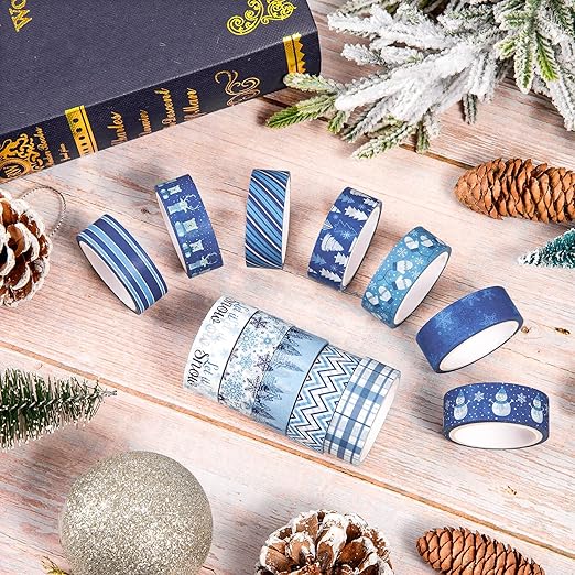 Whaline 12 Rolls Winter Washi Tape Blue White Snowflake Snowman Holiday Masking Tape Xmas Tree Reindeer Assorted Pattern Washi Tape for Scrapbook Journal DIY Craft Gift Wrapping Party Decor