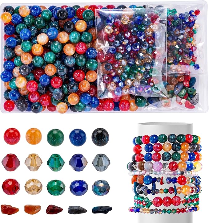 HSZCTUY Glass Beads for Jewelry Making, Assorted Beads for Bracelet Making Kit, Including Round Beads, Rondelle Beads, Facted Crystal Bicone Beads, Chip Stone Beads, Jewelry Beads for DIY Accessories