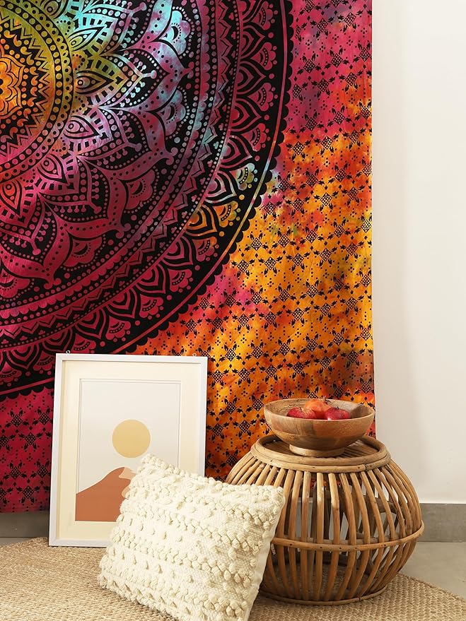 popular handicrafts queen mandala hippie hippy tie dye psychedelic ombre tapestry wall hanging - indian maditation gypsy bohemian dorm room decor multicolor black 81x88 inch