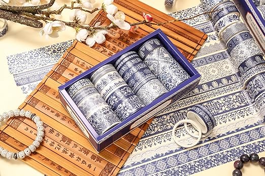 Blue & White Porcelain Washi Tape Set, Traditional Chinese Ceramic Pattern Decorative Masking Tapes, Oriental Art for Craft, Scrapbook, DIY, Gift Wrapping (2-Echoes of Blue/19 Rolls)