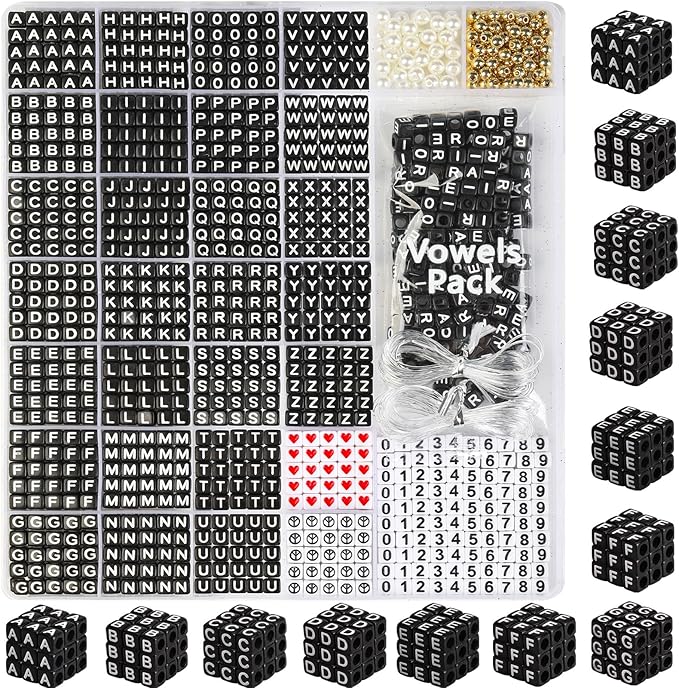 1270 Pcs Black Letter Beads Kit, Square Acrylic Alphabet Beads with Extra Vowels, Numbers and Spacers, Ideal for Friendship Bracelets Making, Perfect Craft Gifts