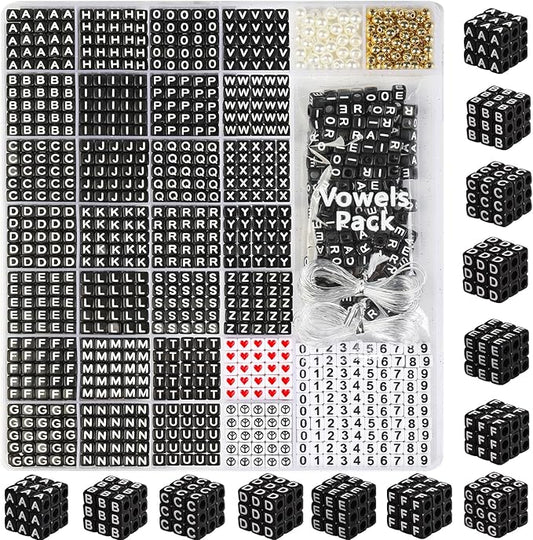 1270 Pcs Black Letter Beads Kit, Square Acrylic Alphabet Beads with Extra Vowels, Numbers and Spacers, Ideal for Friendship Bracelets Making, Perfect Craft Gifts