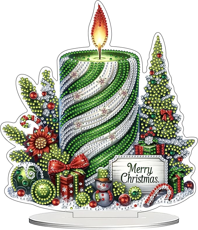JJFox DIY Tabletop Diamond Art Painting Kit，Desktop Ornament Special Shaped Rhinestone Desk Placement Ornament，Home Stand Up Gem Painting Craft Kit Gift Double Sided (Christmas Candle)