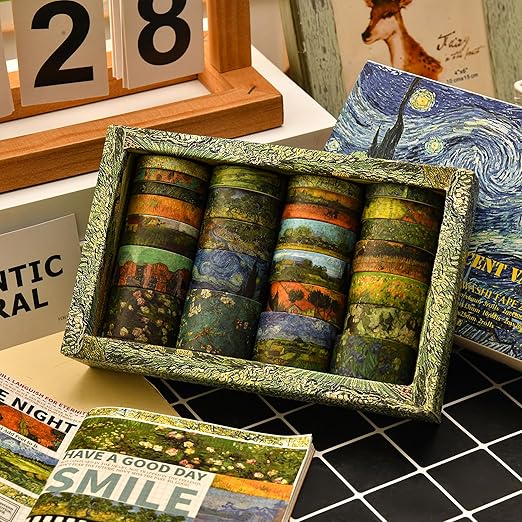 25 Rolls Starry Night Washi Tape Pack Van Gogh Oil Painting Arts Adhesive Tapes Gold Foil Decorative Masking Tape Sets for Craft, Kids, Scrapbook, DIY, Gift Wrapping