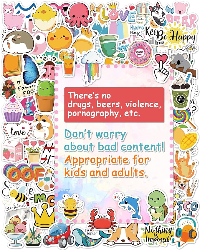 100 pcs stickers for kids, cute water bottle vinyl waterproof laptop stickers for students gifts school supplies classroom teacher prizes sticker pack for kids girls teens
